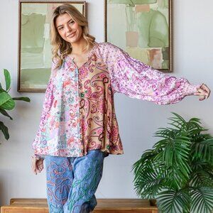 Oli & Hali Purple Mixed Floral Print Mineral Washed Smocked Cuff Button Up Top